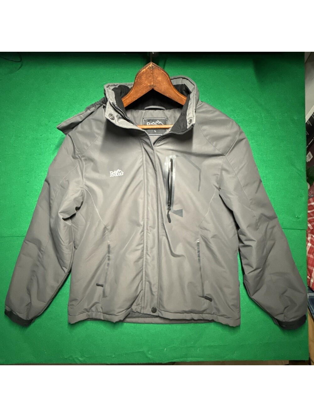 Pooluly Men's Size L Gray Waterproof Ski Jacket Fleece Lined Hooded Winter Coat
